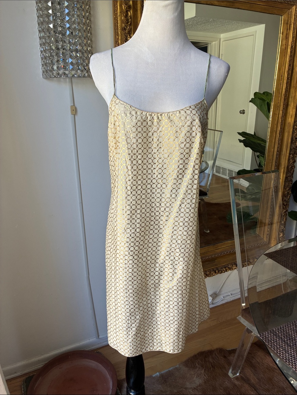 Rozae Nichols Silk Cream Gold Slip Dress with Geometric Print small